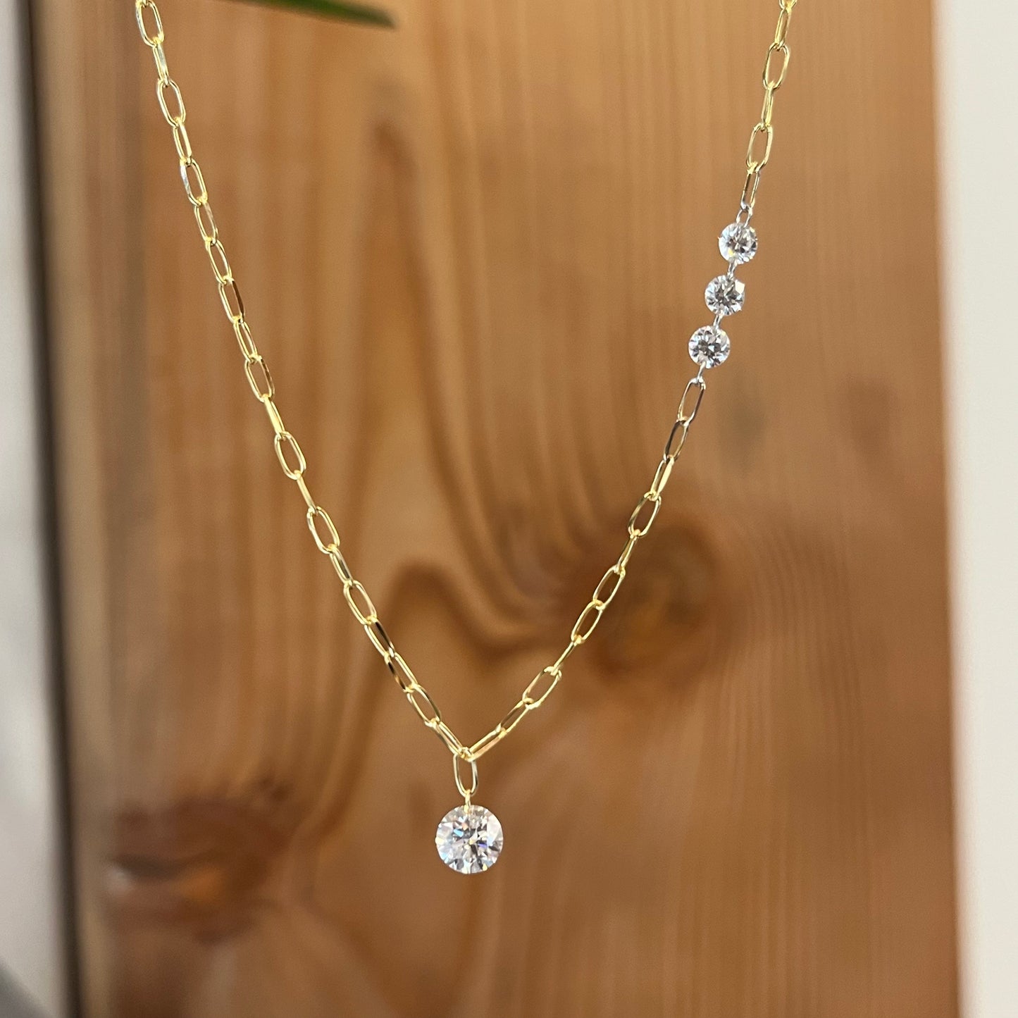 14K Yellow Gold Asymmetrical Floating Diamond Necklace