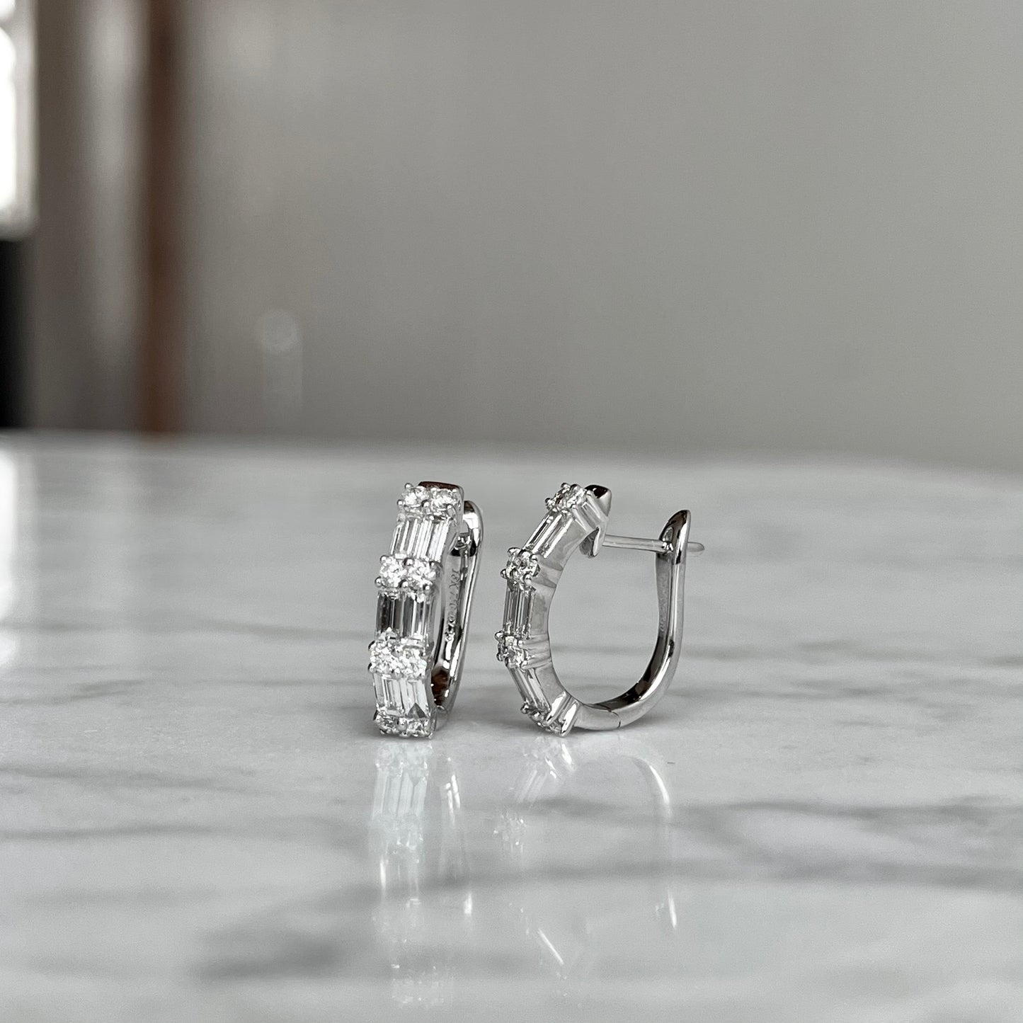 18K White Gold Baguette and Round Double Row "Huggie" Hoop Earrings