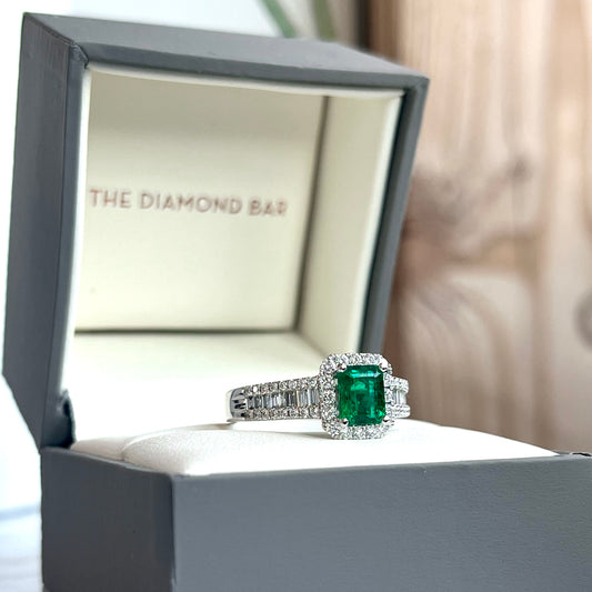 18K White Gold Emerald and Diamond Halo Ring