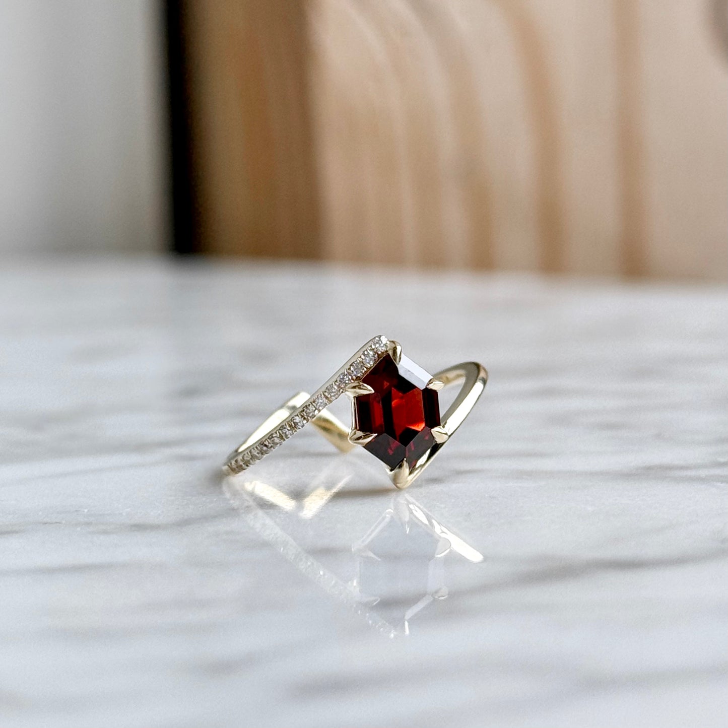 14K Yellow Gold Garnet and Diamond Bypass Ring