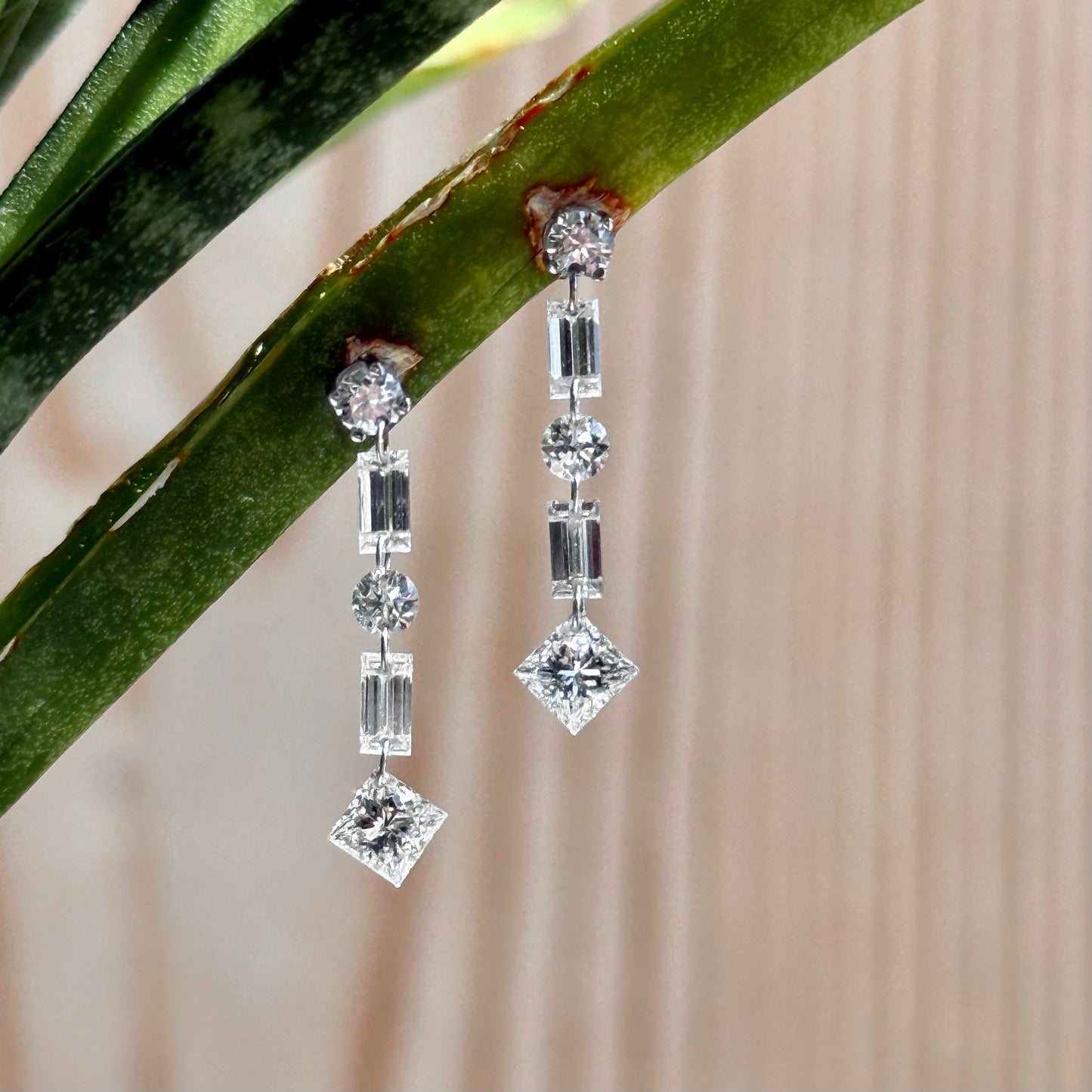 14K White Gold Floating Baguette, Princess and Round Diamond Earrings
