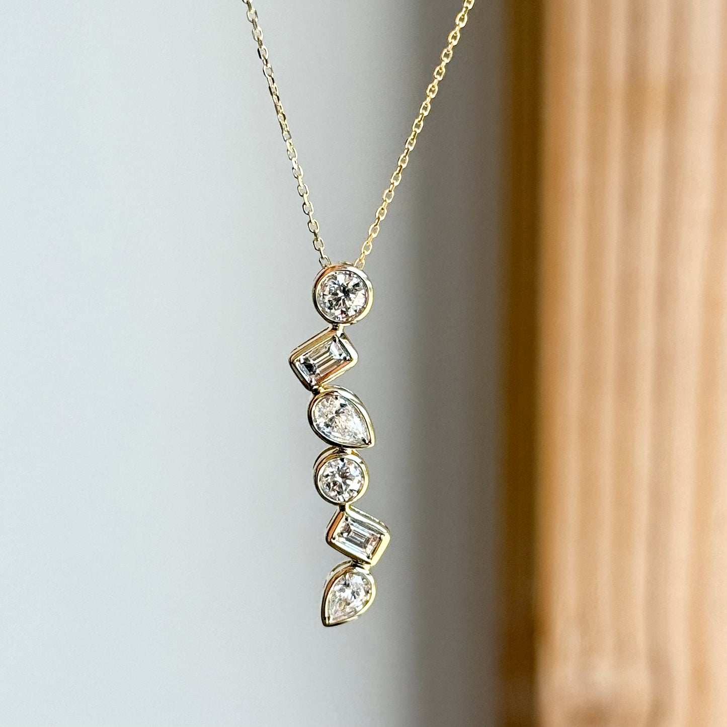 14K Yellow Gold Multi Shape Diamond Bar Necklace