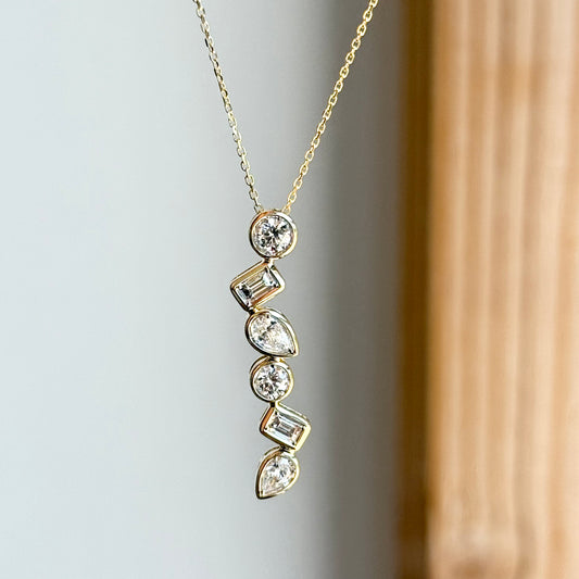 14K Yellow Gold Multi Shape Diamond Bar Necklace