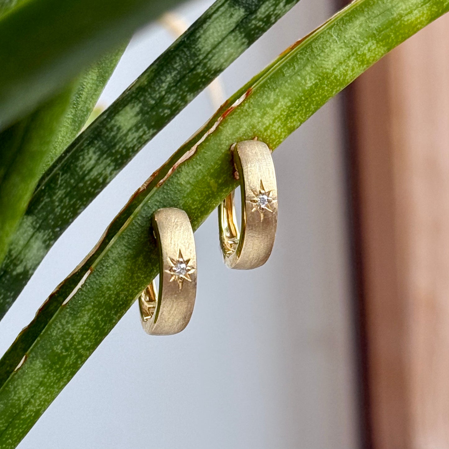 14K Yellow Gold Brushed Gold and Diamond Huggie Hoop Earring