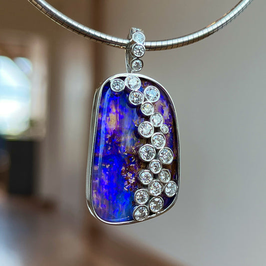 14K White Gold Black Opal and Diamond Necklace