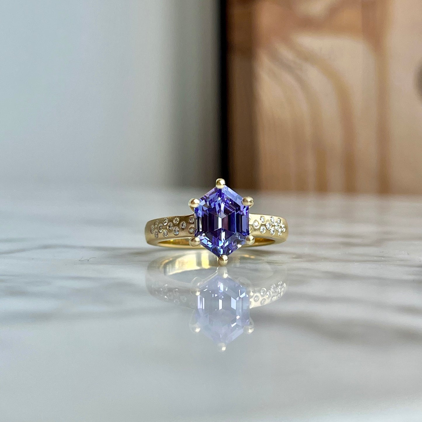 14K Yellow Gold Hexagon Cut Tanzanite and Diamond Ring