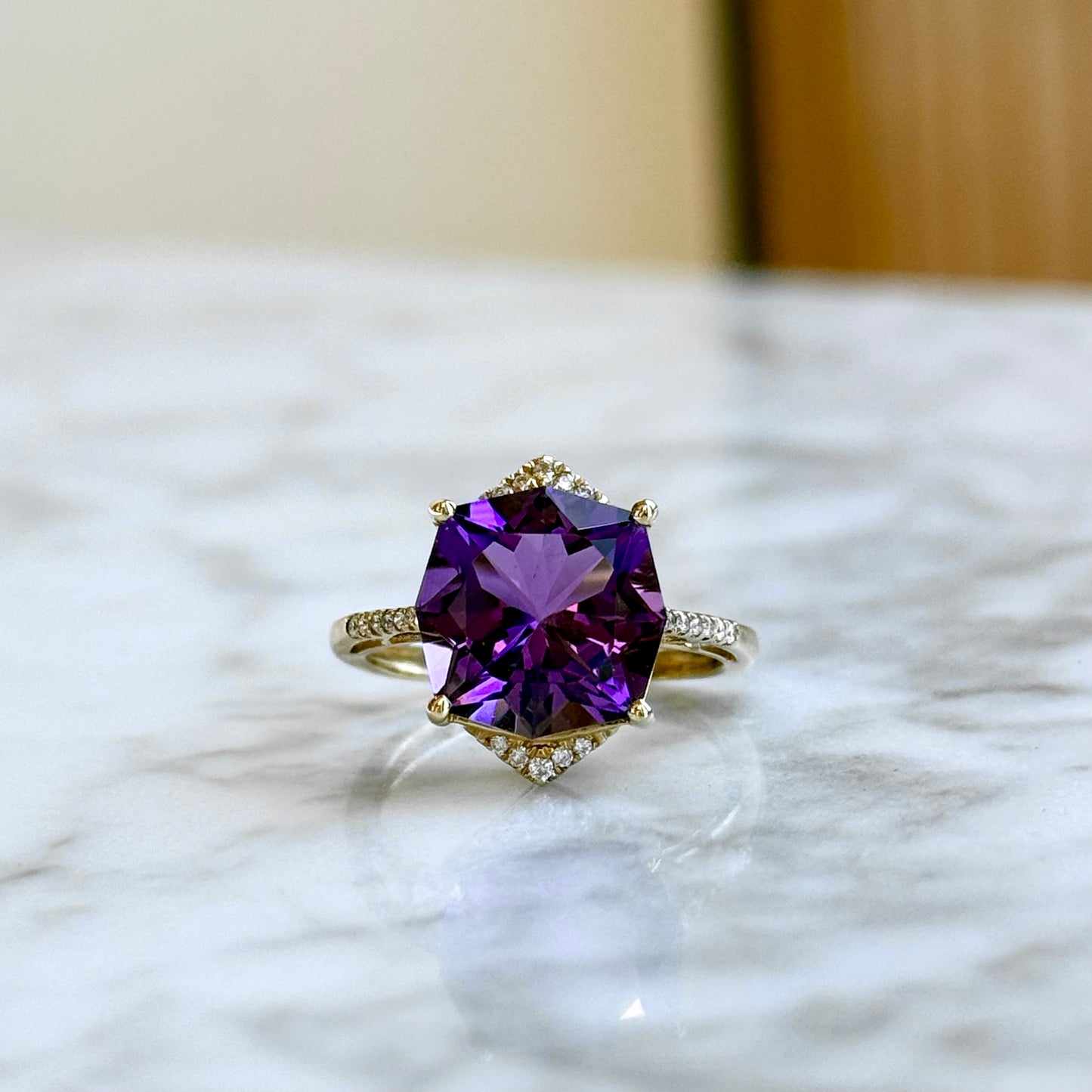 14K Yellow Gold Amethyst and Diamond Ring