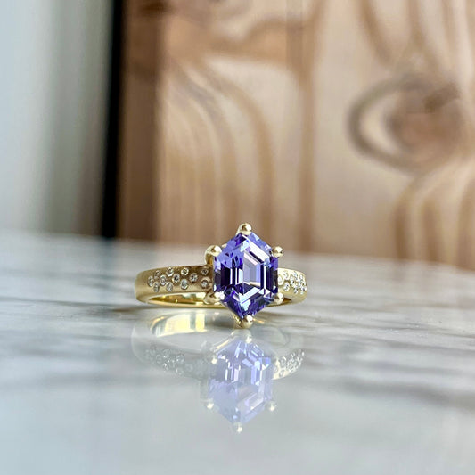 14K Yellow Gold Hexagon Cut Tanzanite and Diamond Ring