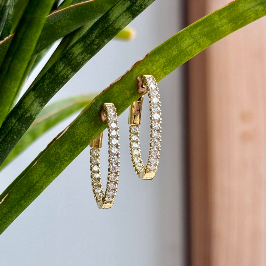 14K Yellow Gold Oval Inside/Outside Diamond Hoop Earrings