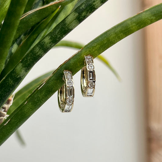 14K Yellow Gold Baguette Diamond Huggie Hoop Earrings