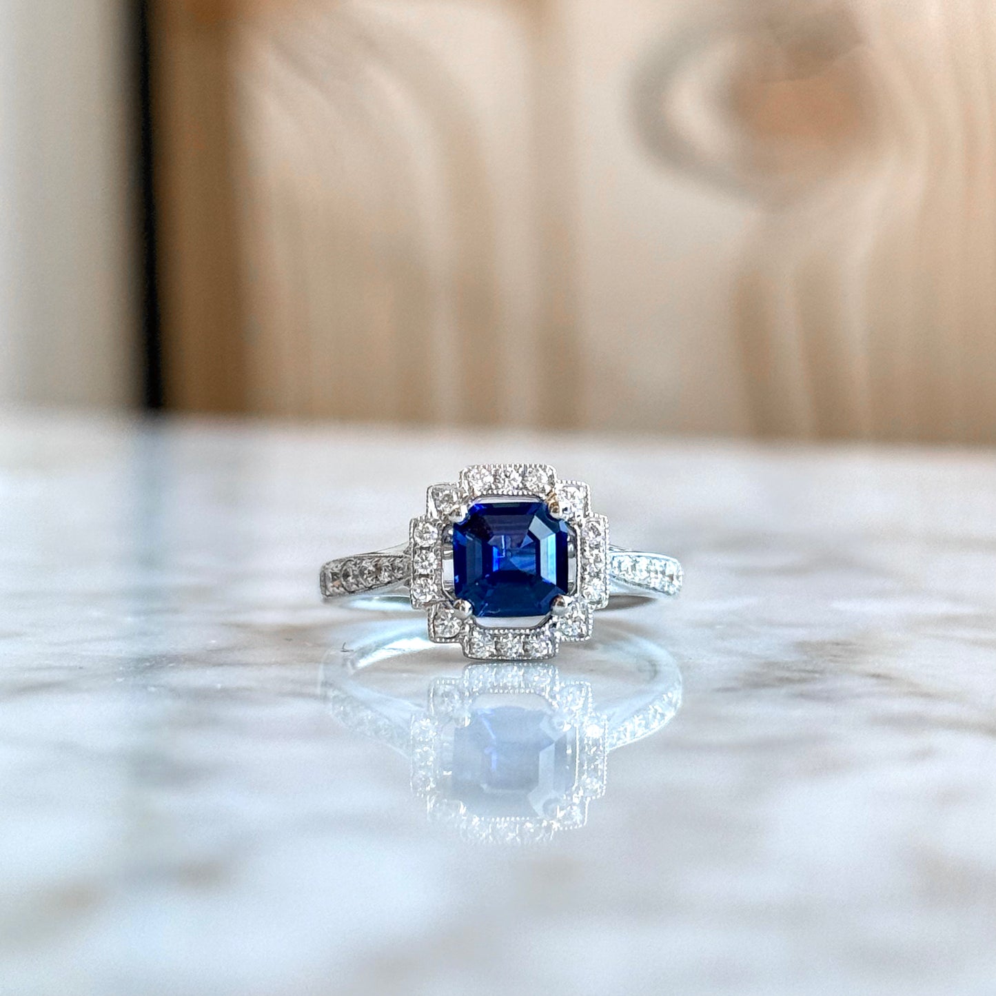 18K White Gold Sapphire and Diamond Halo Vintage Inspired Ring