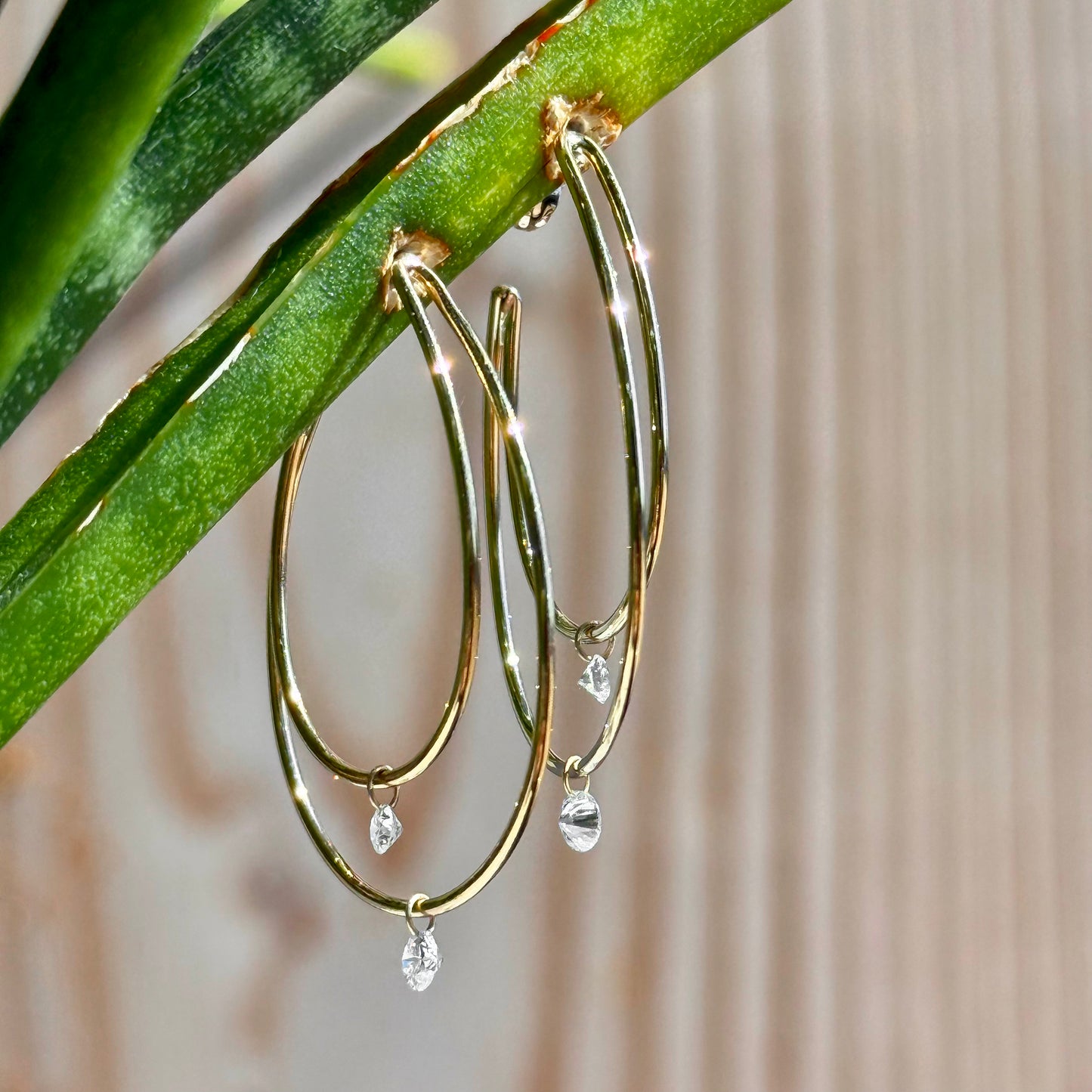 14K Yellow Gold Double Floating Diamond Hoop Earrings