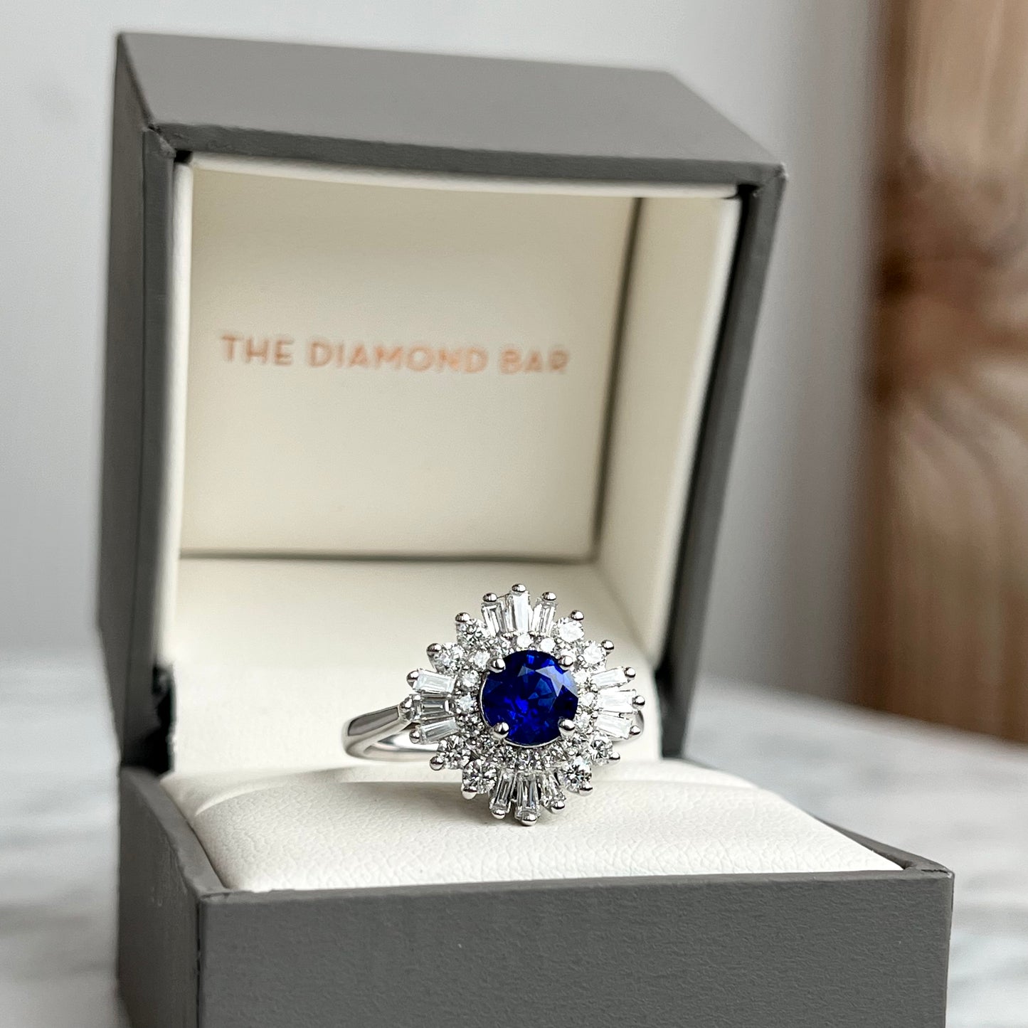 14K White Gold Natural Sapphire and Diamond Halo Ballerina Ring