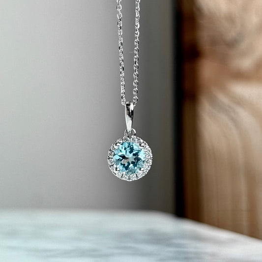 14K White Gold Aquamarine and Diamond Halo Necklace