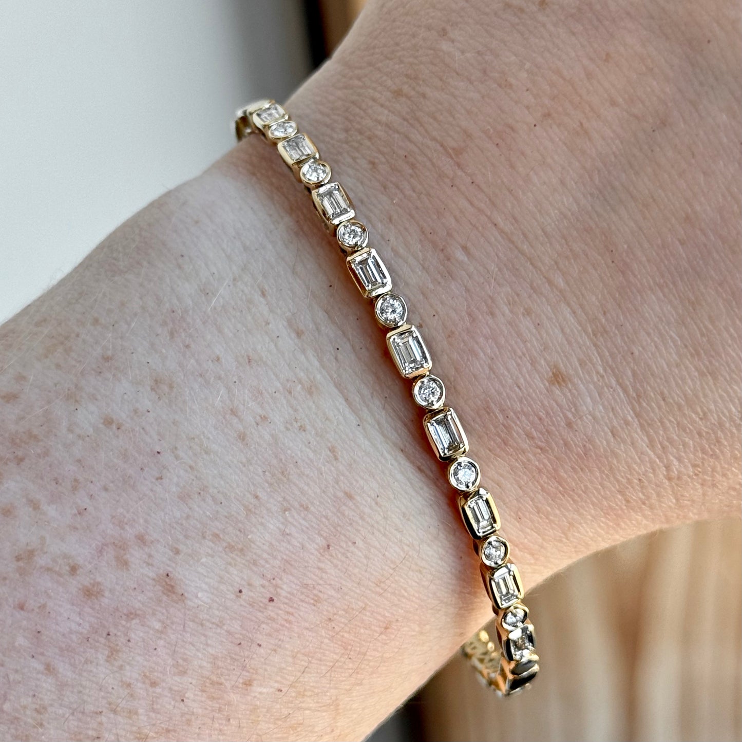 14K Yellow Gold Alternating Baguette and Round Diamond Flexible Bangle Bracelet
