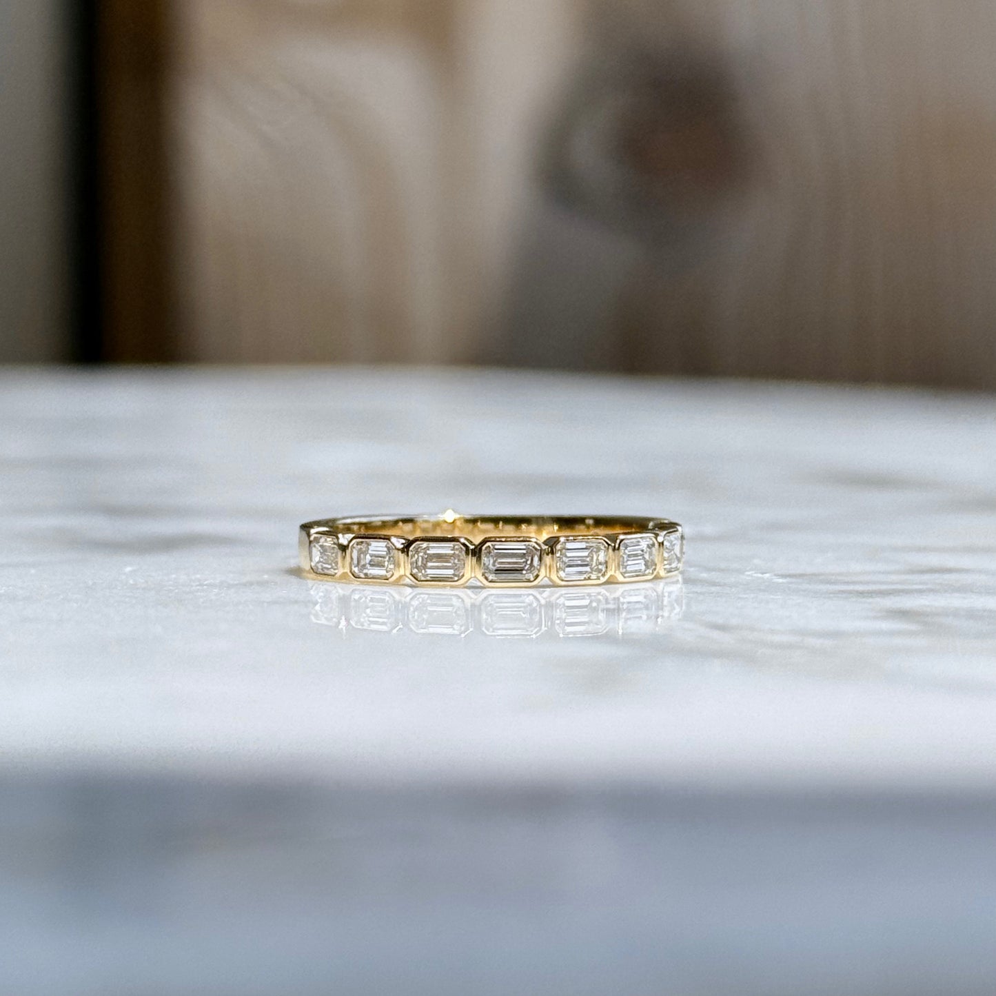 14K Yellow Gold Bezel Emerald Cut Diamond Wedding Band