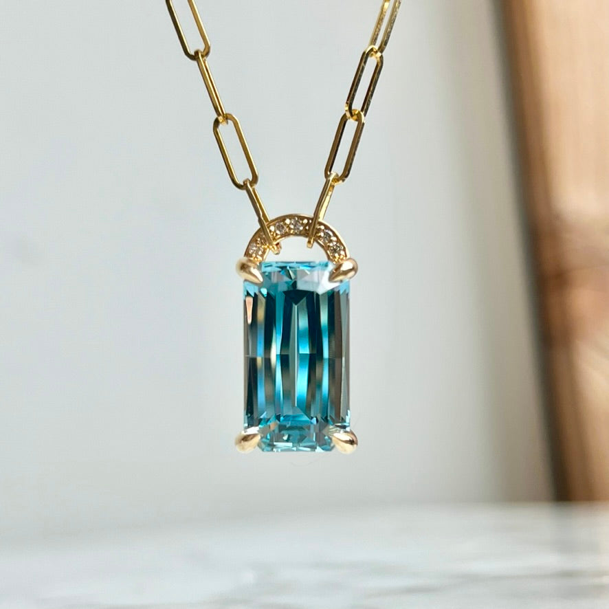 14K Yellow Gold Blue Topaz and Diamond "Lock Inspired" Necklace