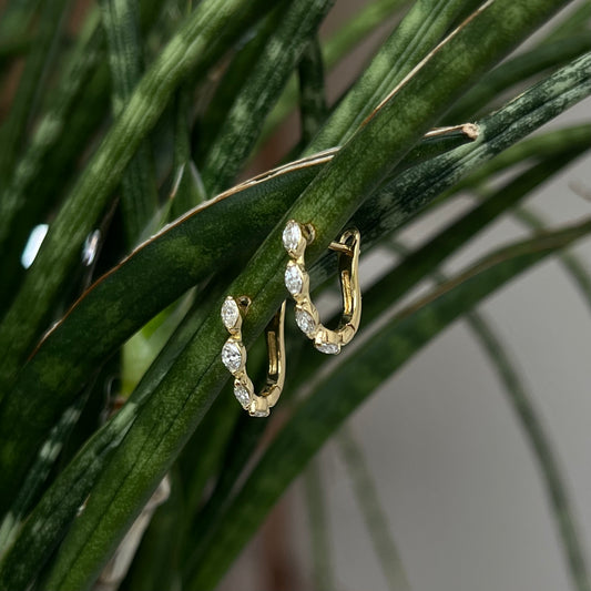18K Gold Marquise Single Prong Diamond Huggie Hoop Earrings