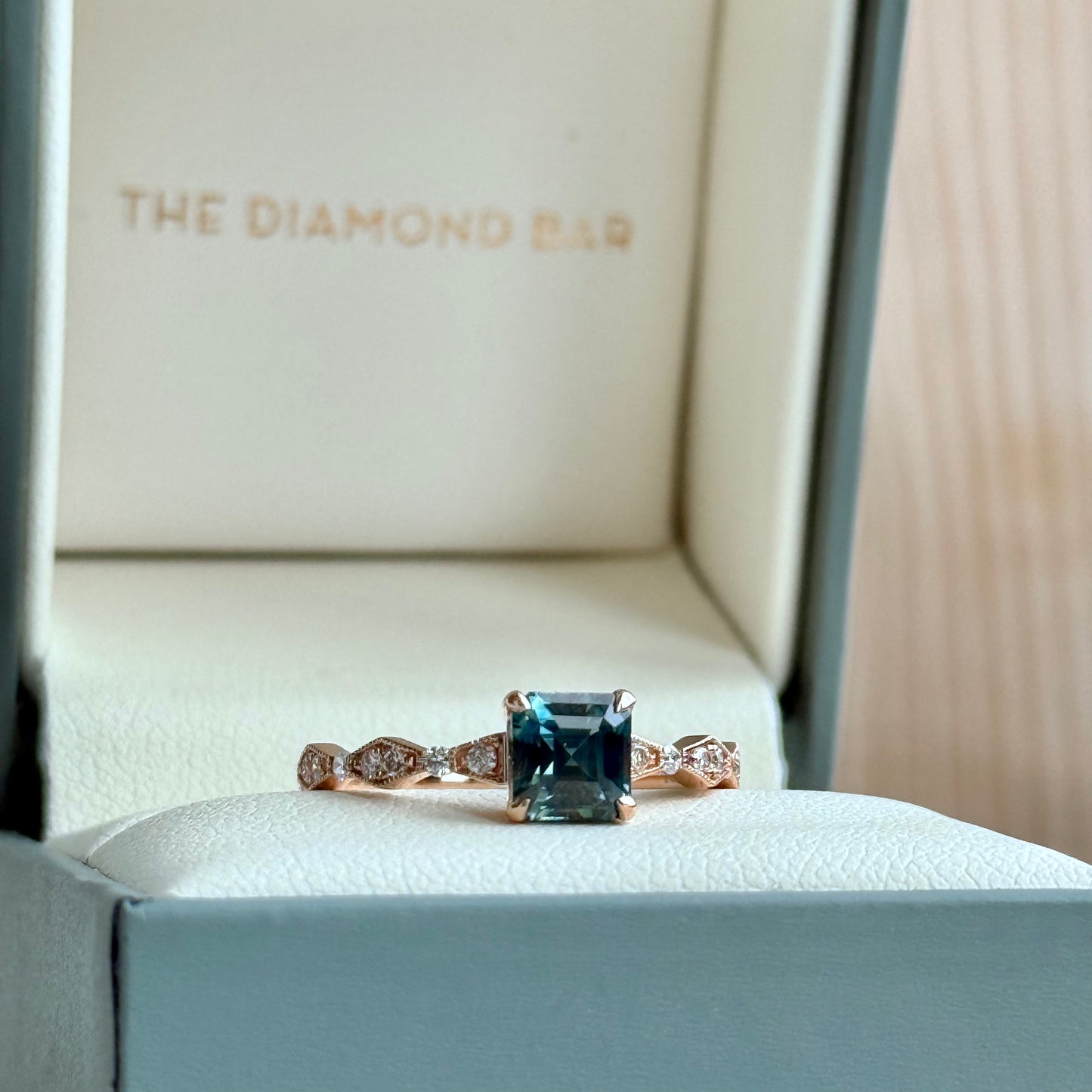 14K Rose Gold Teal Sapphire and Diamond Ring