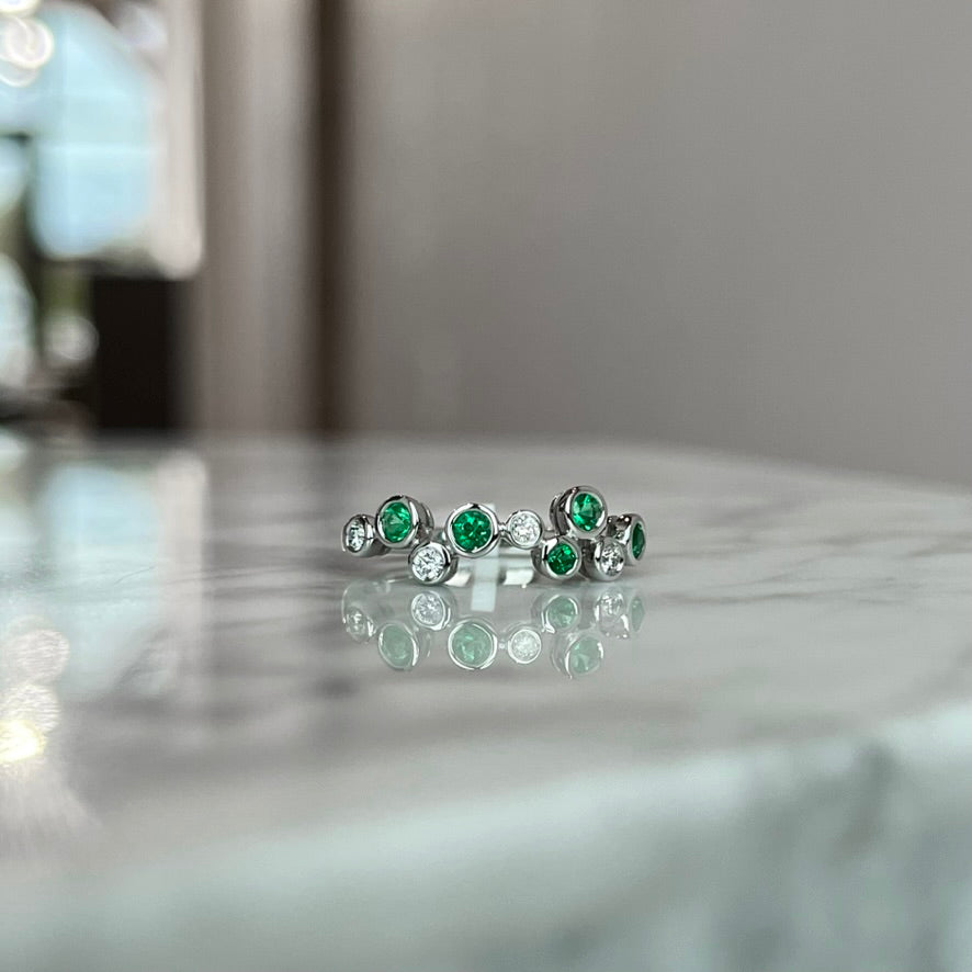 14K White Gold Emerald and Diamond ZigZag Ring