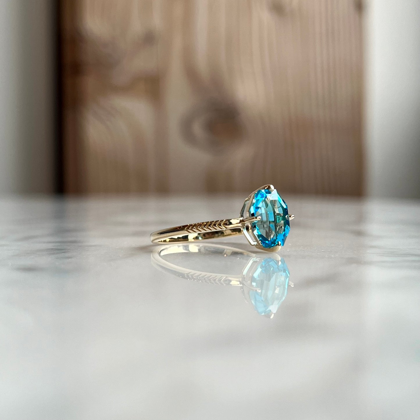 14K Yellow Gold Octagon Blue Topaz Ring