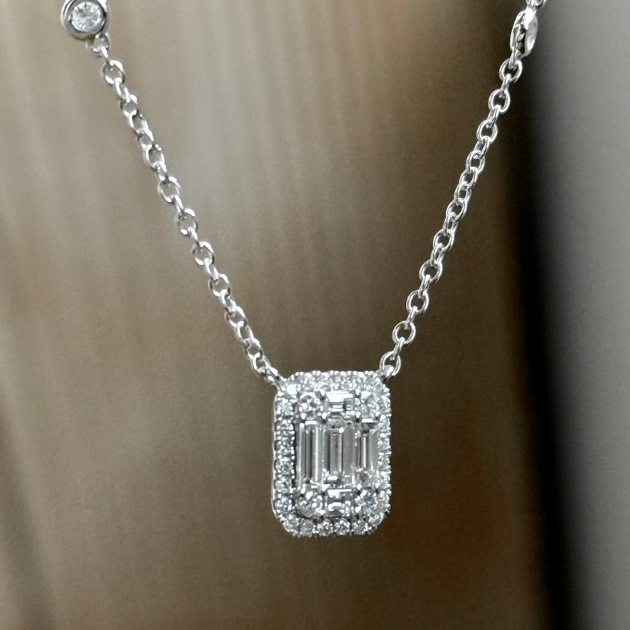 18K White Gold Baguette and Round Diamond Halo Necklace