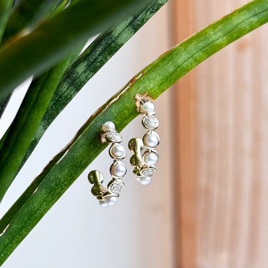 14K Yellow Gold Pearl and Diamond Huggie Hoop Earrings