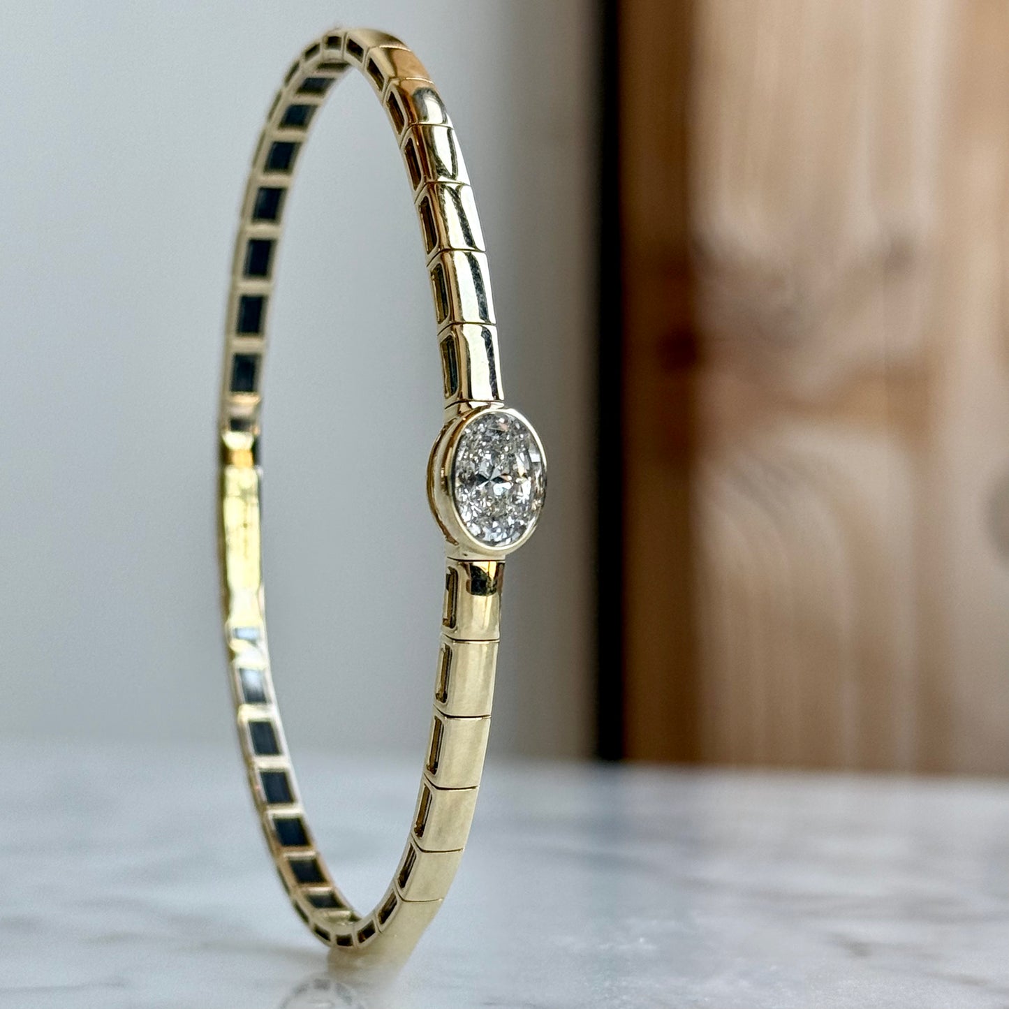 14K Yellow Gold Oval Diamond Flexible Bangle Bracelet 76/100CTW