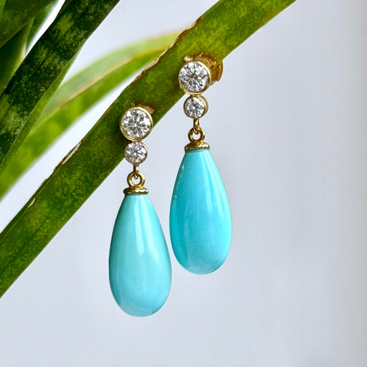 18K Yellow Gold Turquoise and Diamond Dangle Earrings