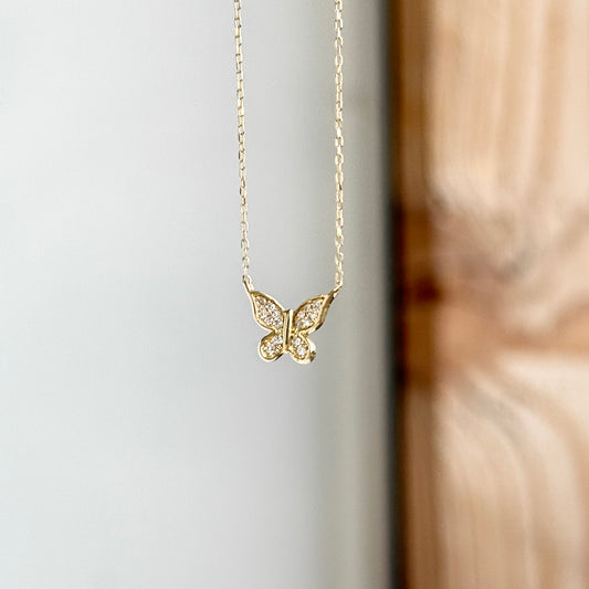 18K Yellow Gold Diamond Butterfly Necklace
