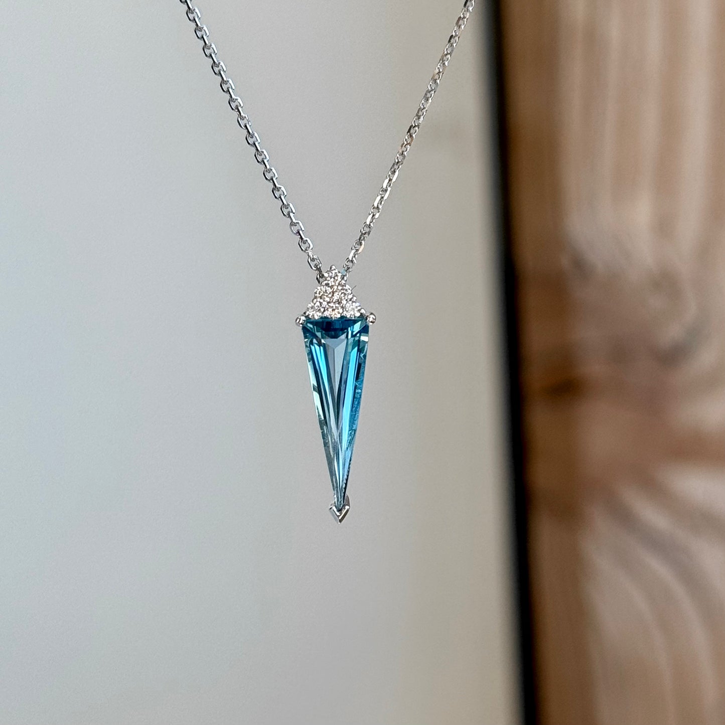 14K White Gold Blue Topaz and Diamond Trillion Necklace