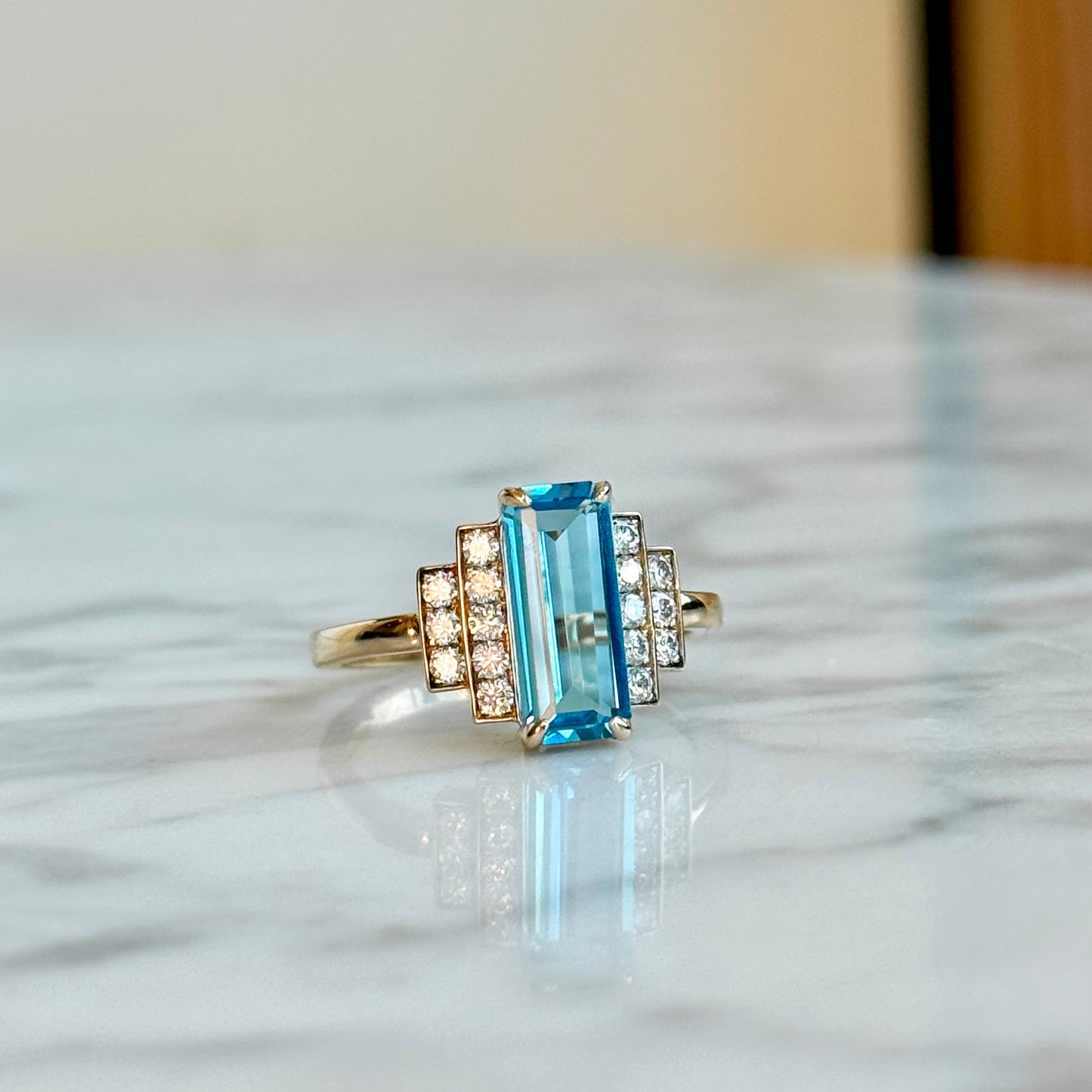 14K Gold Art-Deco Topaz and Diamond Ring