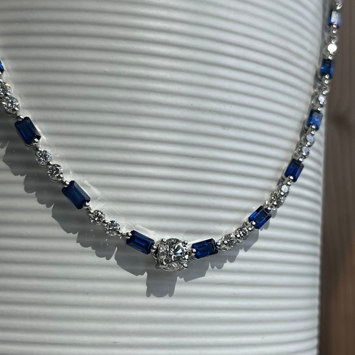 14K White Gold Diamond and Sapphire Riviera Necklace