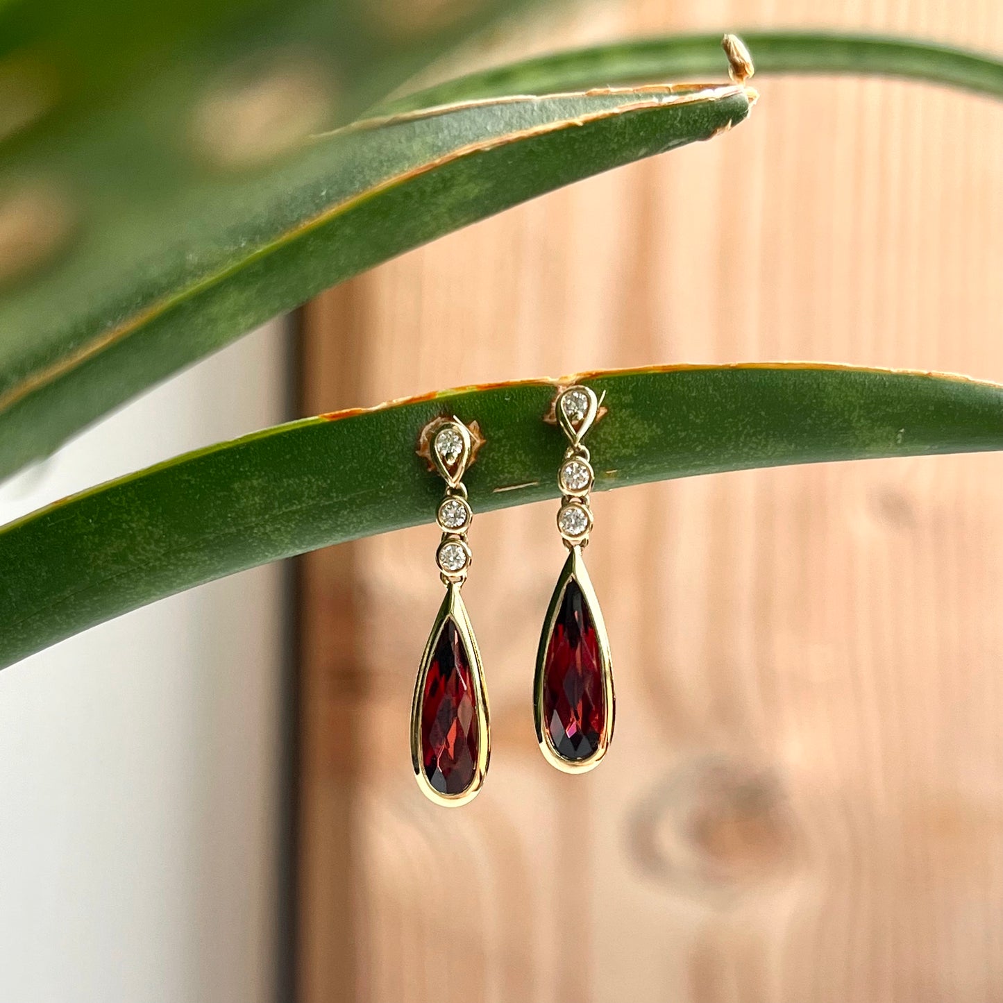 14K Yellow Gold Garnet and Diamond Dangle Earrings