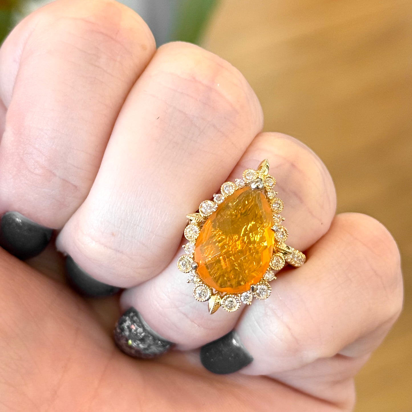 14K Yellow Gold Fire Opal and Diamond Halo Ring