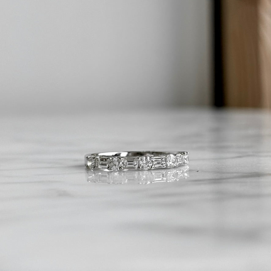 14K White Gold Baguette and Round Diamond Band