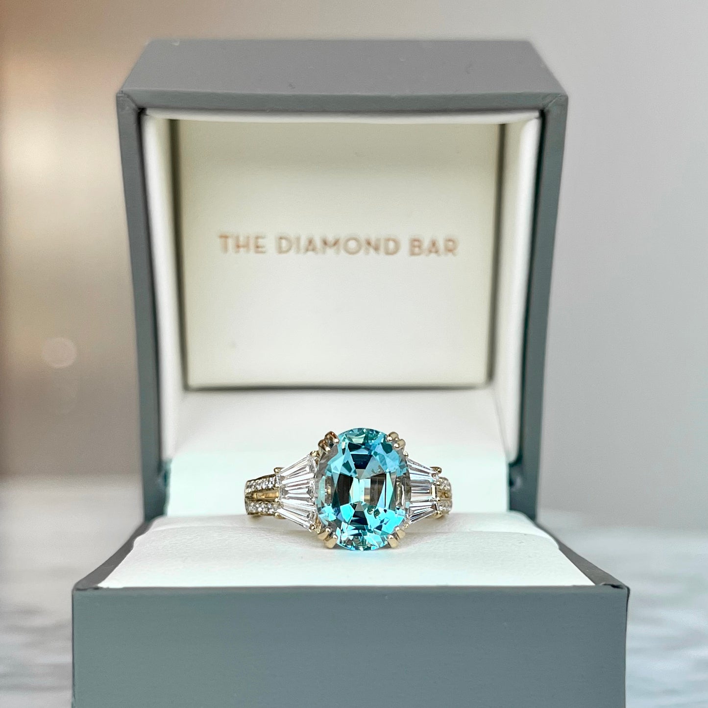 18K Yellow Gold Three Stone Inspired Aquamarine and Diamond Ring