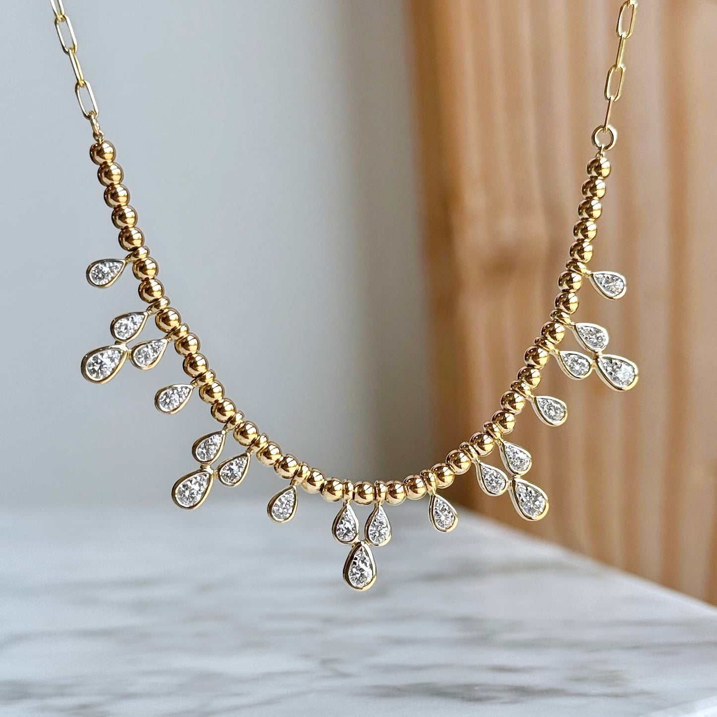 14K Yellow Gold "Raindrop" Diamond Riviera Necklace