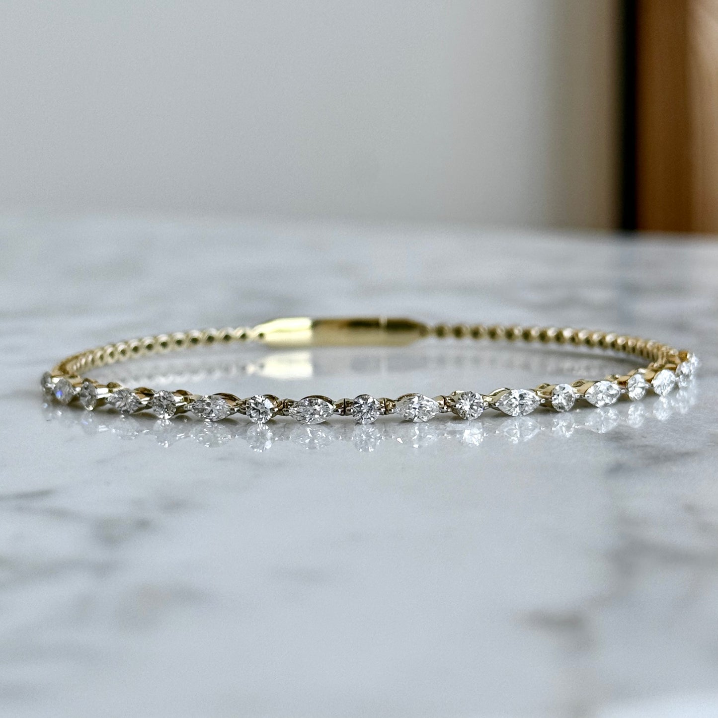 14K Yellow Gold Marquise and Diamond Flexible Bangle Bracelet