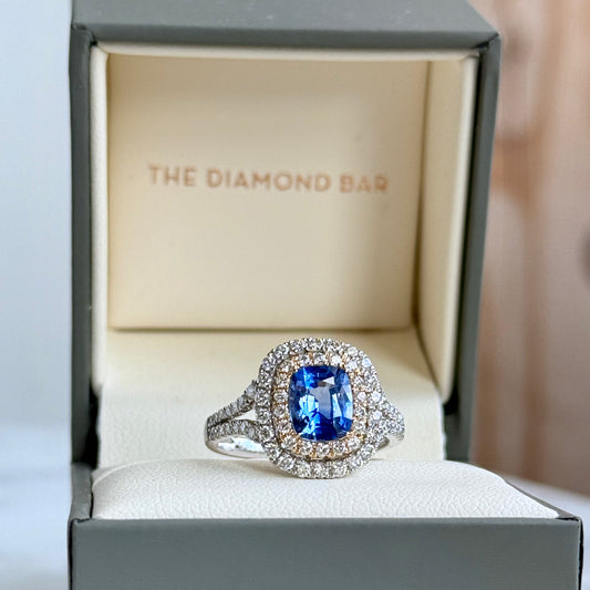 Platinum and 14K Yellow Gold Sapphire and Double Diamond Halo Ring