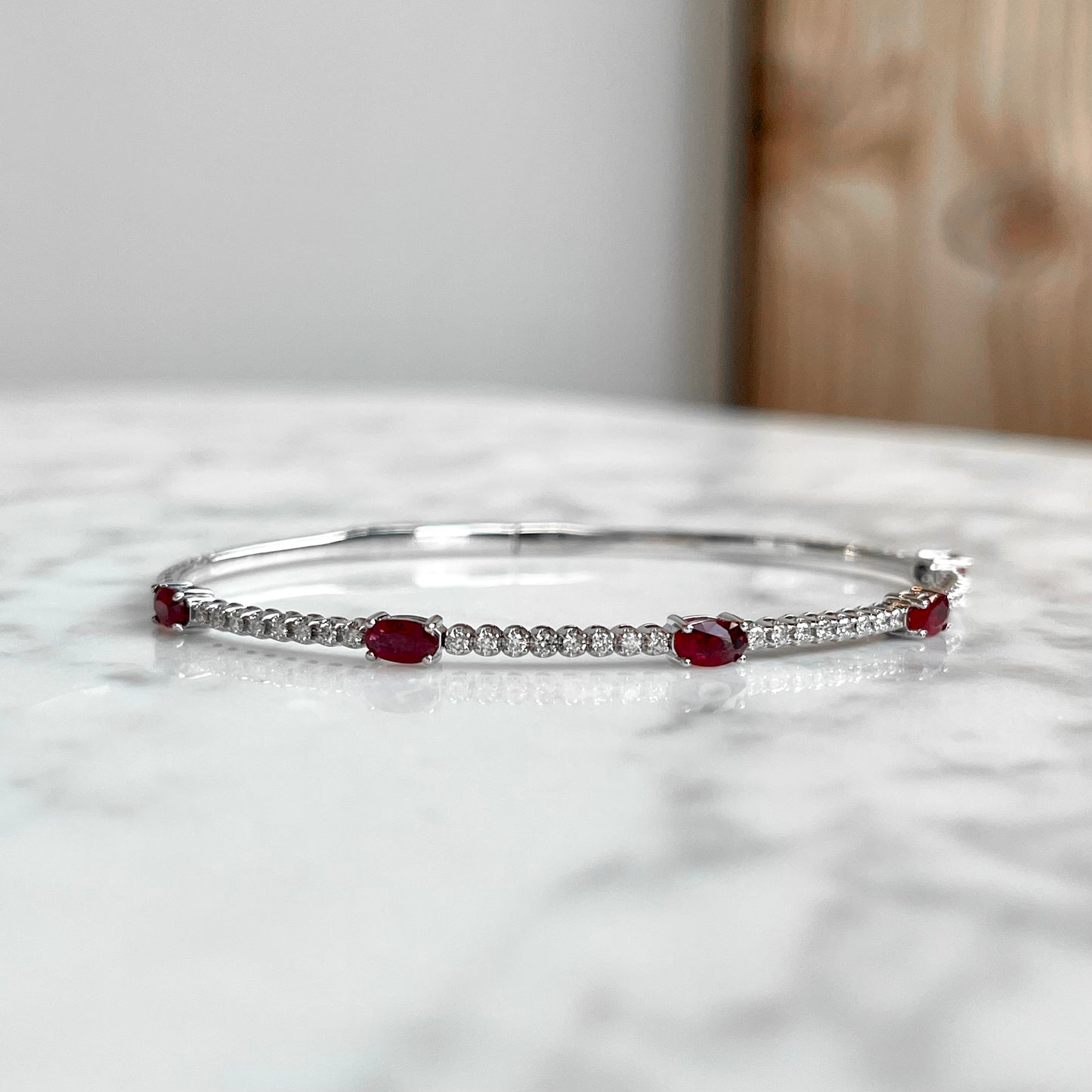 14K White Gold Ruby and Diamond Flexible Bangle Bracelet
