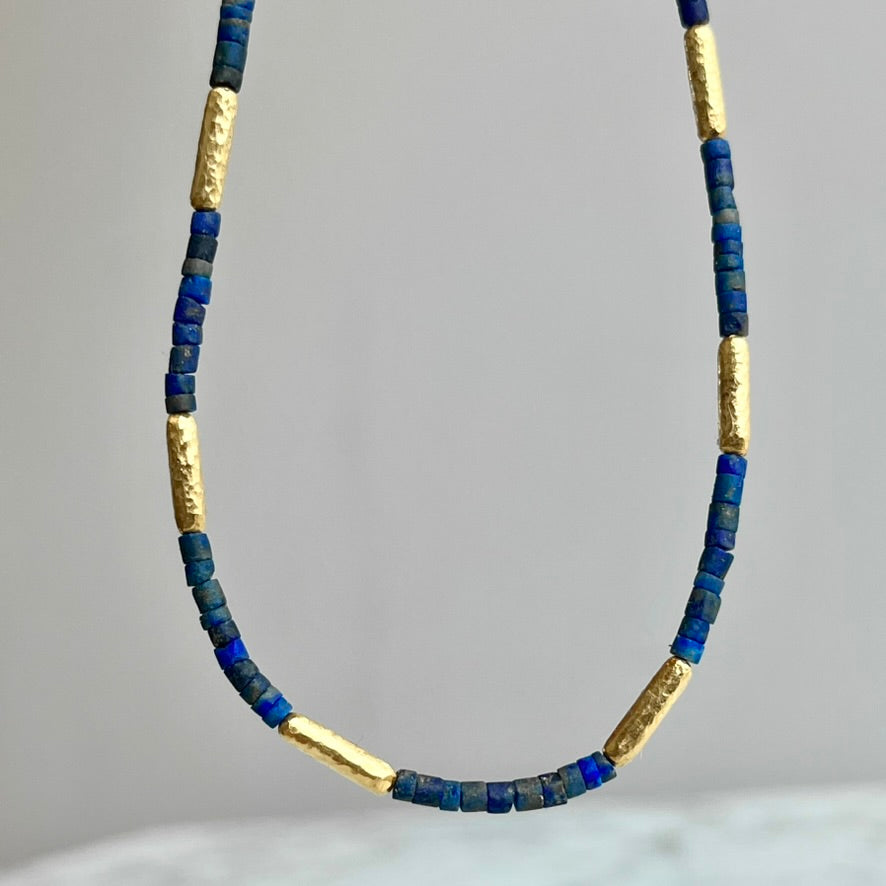 14K Yellow Gold Lapis Beaded and Hammered Matte Gold Necklace