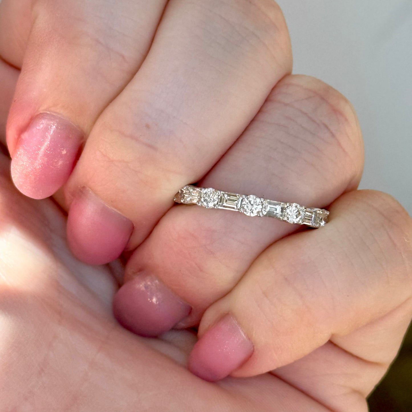 14K White Gold Baguette and Round Diamond Band