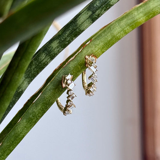 14K Yellow Gold Baguette and Round Diamond Huggie Hoop Earrings