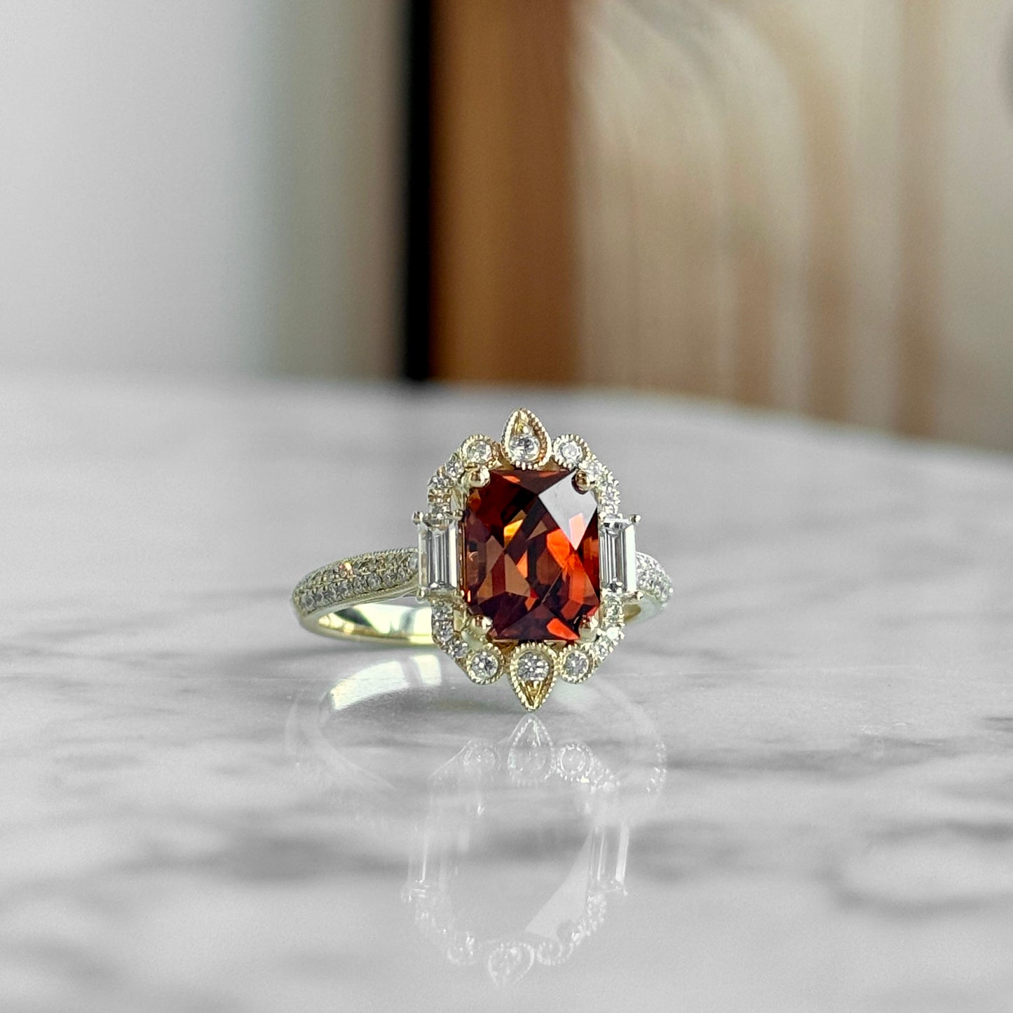 14K Yellow Gold Terracotta Zircon and Diamond Ring