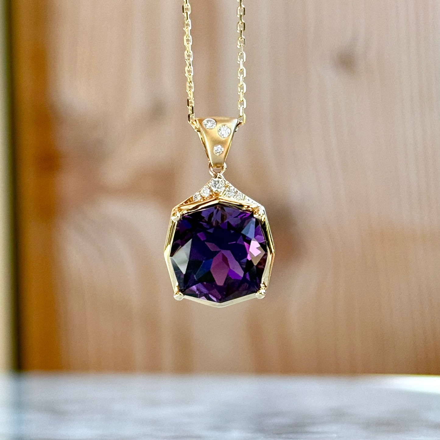 14K Yellow Gold Amethyst and Diamond Necklace