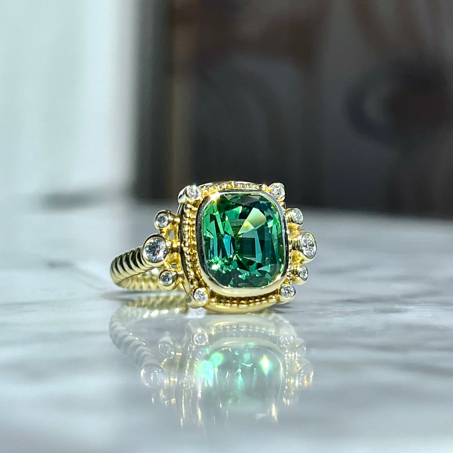 14K Yellow Gold Tourmaline and Diamond Ring