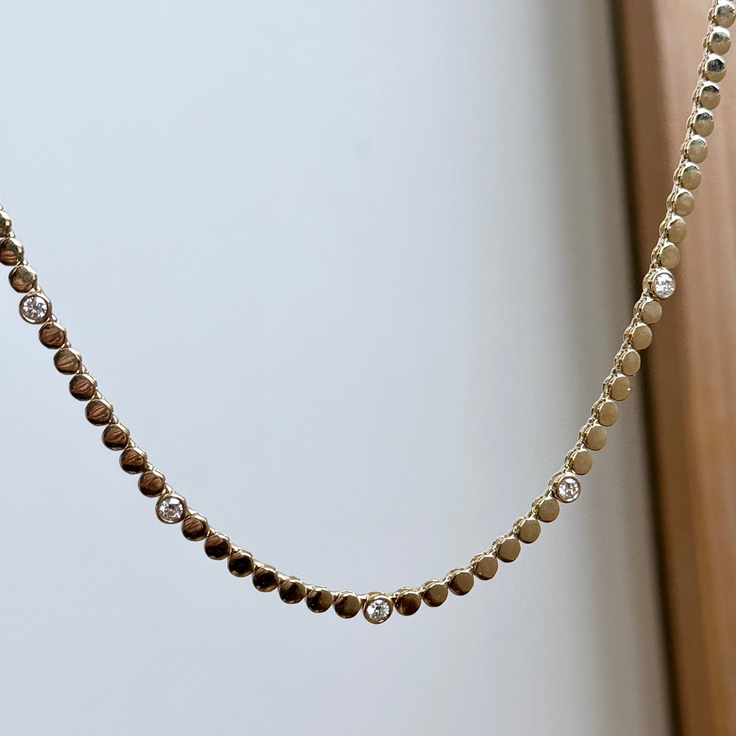 14K Yellow Gold Flat Bead and Bezel Diamond Riviera Necklace