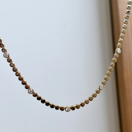 14K Yellow Gold Flat Bead and Bezel Diamond Riviera Necklace