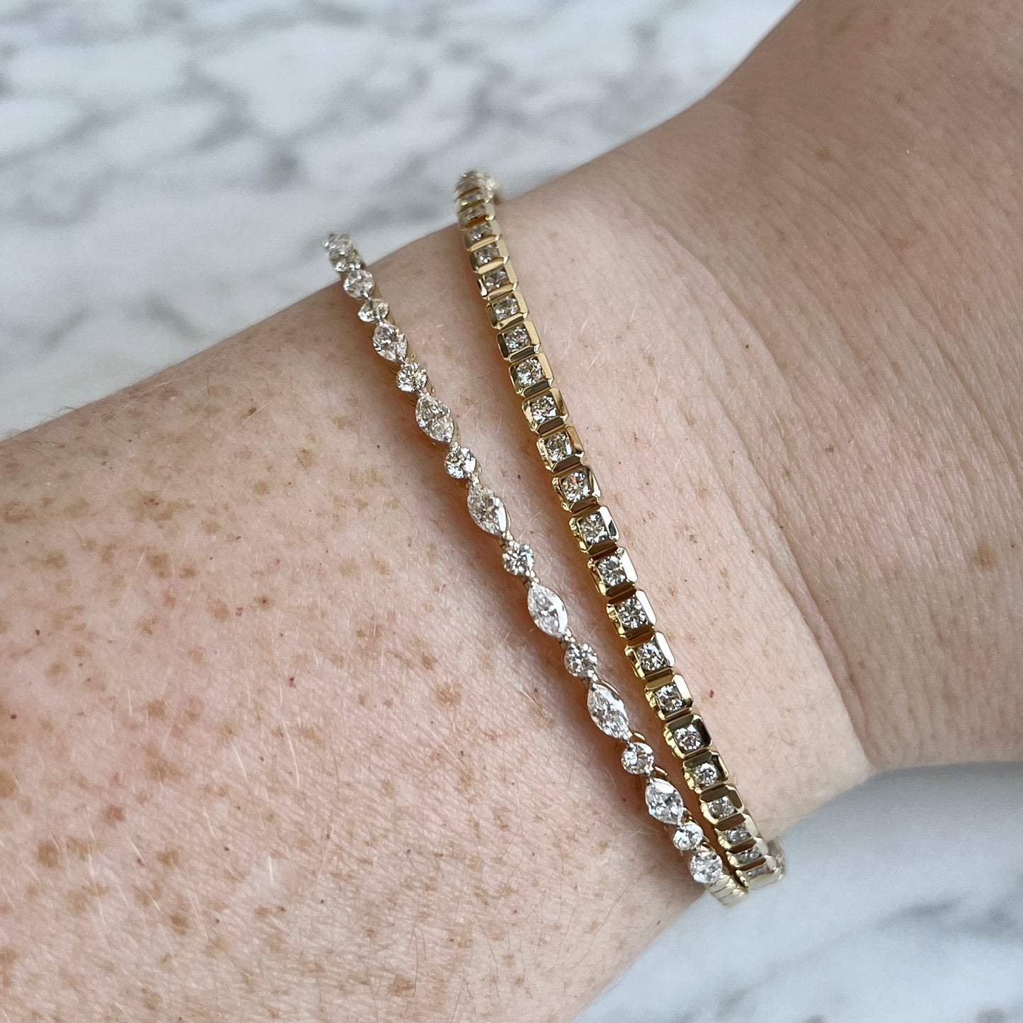 14K Yellow Gold Marquise and Diamond Single Prong Flexible Bangle Bracelet
